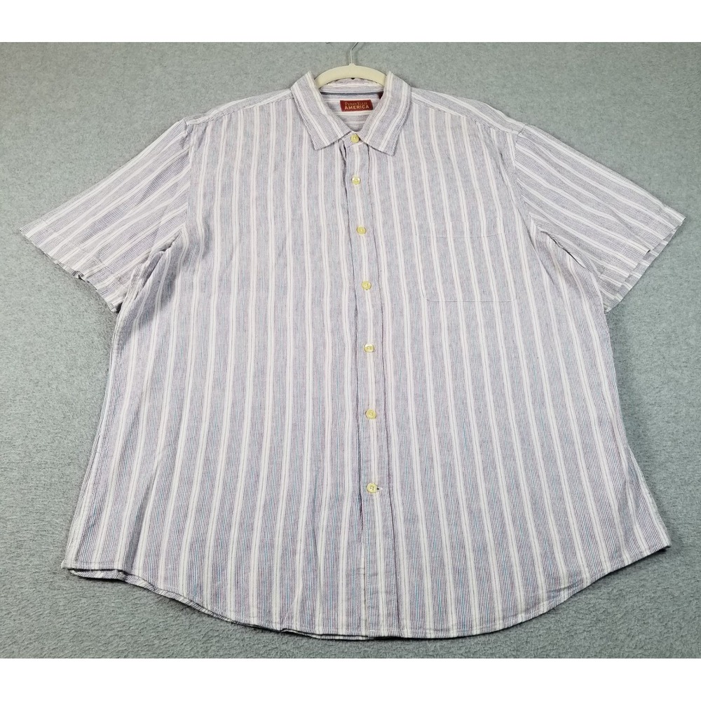 Perry Ellis Button Up Shirt Mens XL Purple Blue White Striped Linen Blend Casual